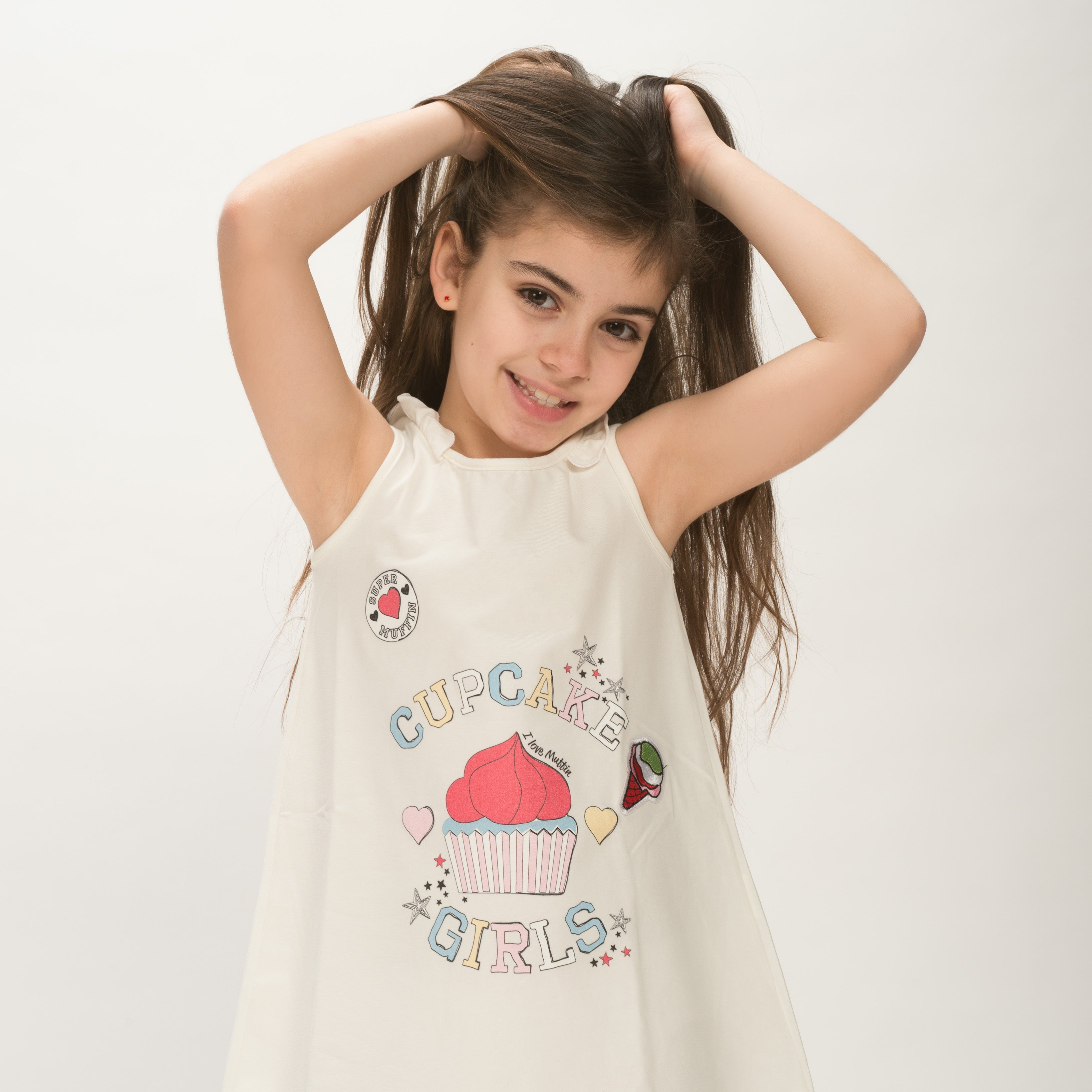 021/CUP VESTITINO CON TOPPA E  FIOCCO STRASS DIETRO IN STAMPA DIGITALE CUPCAKE  BIELASTICO TAGLIE:3-4-5-6-8-10