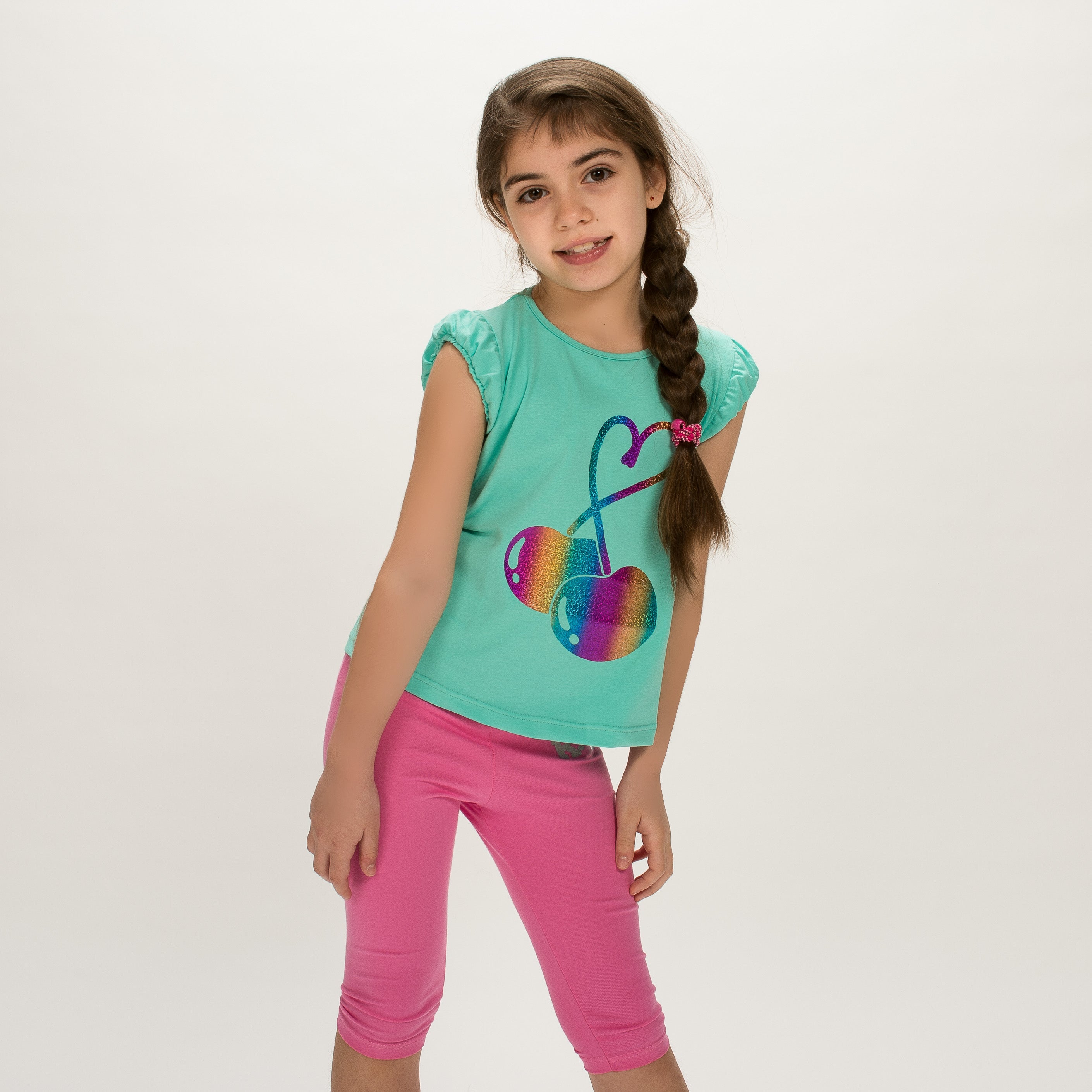 022/CIL MAGLIA CON MANICHE A PALLONCINO CON STAMPA GLITTER CILIEGIE IN BIELASTICO TAGLIE:3-4-5-6-8-10