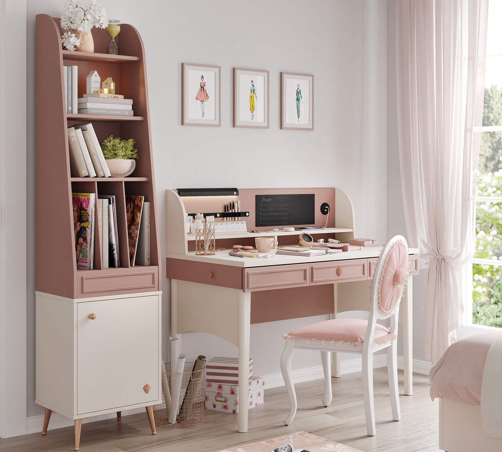 Scrivania Elegance con Unità Alta Rosa Cipria e Crema - Lavagna e Porta USB per Bambine e Ragazze