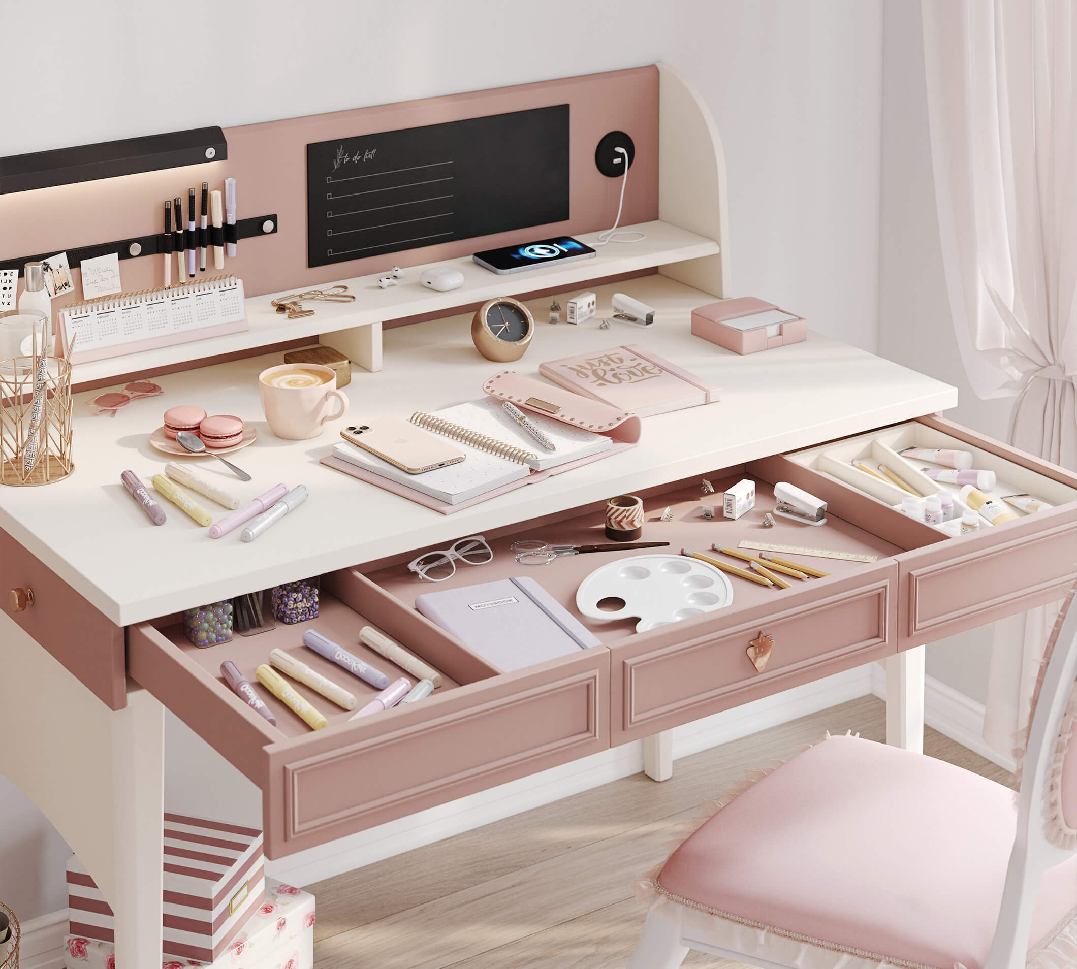 Scrivania Elegance con Unità Alta Rosa Cipria e Crema - Lavagna e Porta USB per Bambine e Ragazze