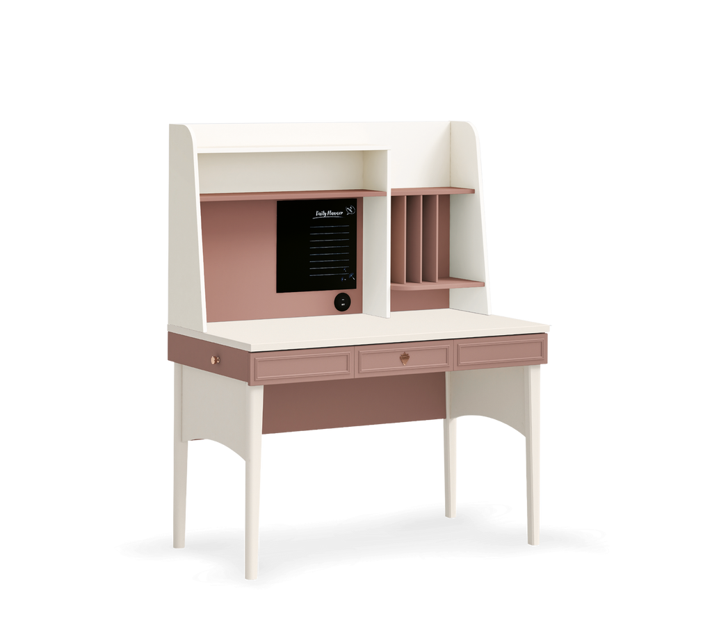 Scrivania Elegance con Unità Alta Rosa Cipria e Crema - Lavagna e Porta USB per Bambine e Ragazze