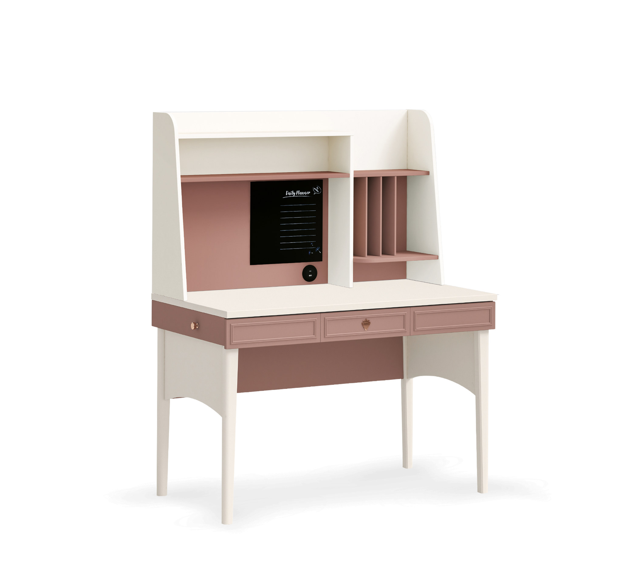 Scrivania Elegance con Unità Alta Rosa Cipria e Crema - Lavagna e Porta USB per Bambine e Ragazze