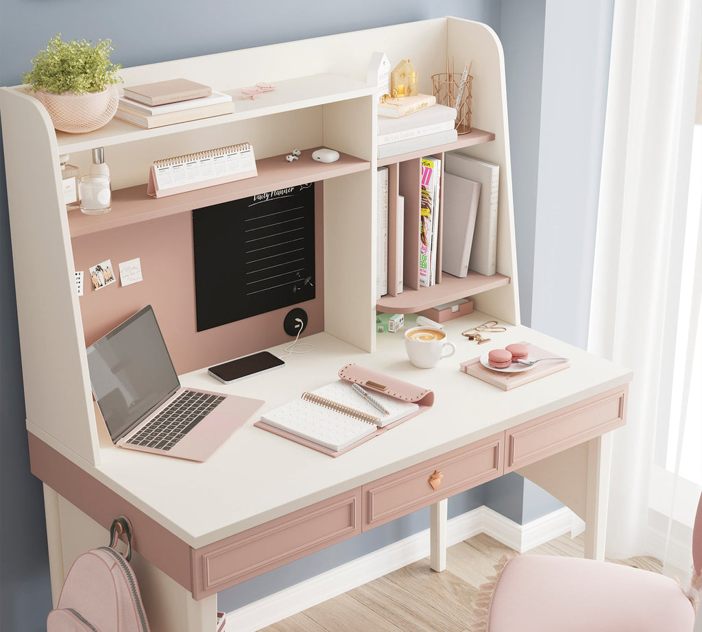 Scrivania Elegance con Unità Alta Rosa Cipria e Crema - Lavagna e Porta USB per Bambine e Ragazze