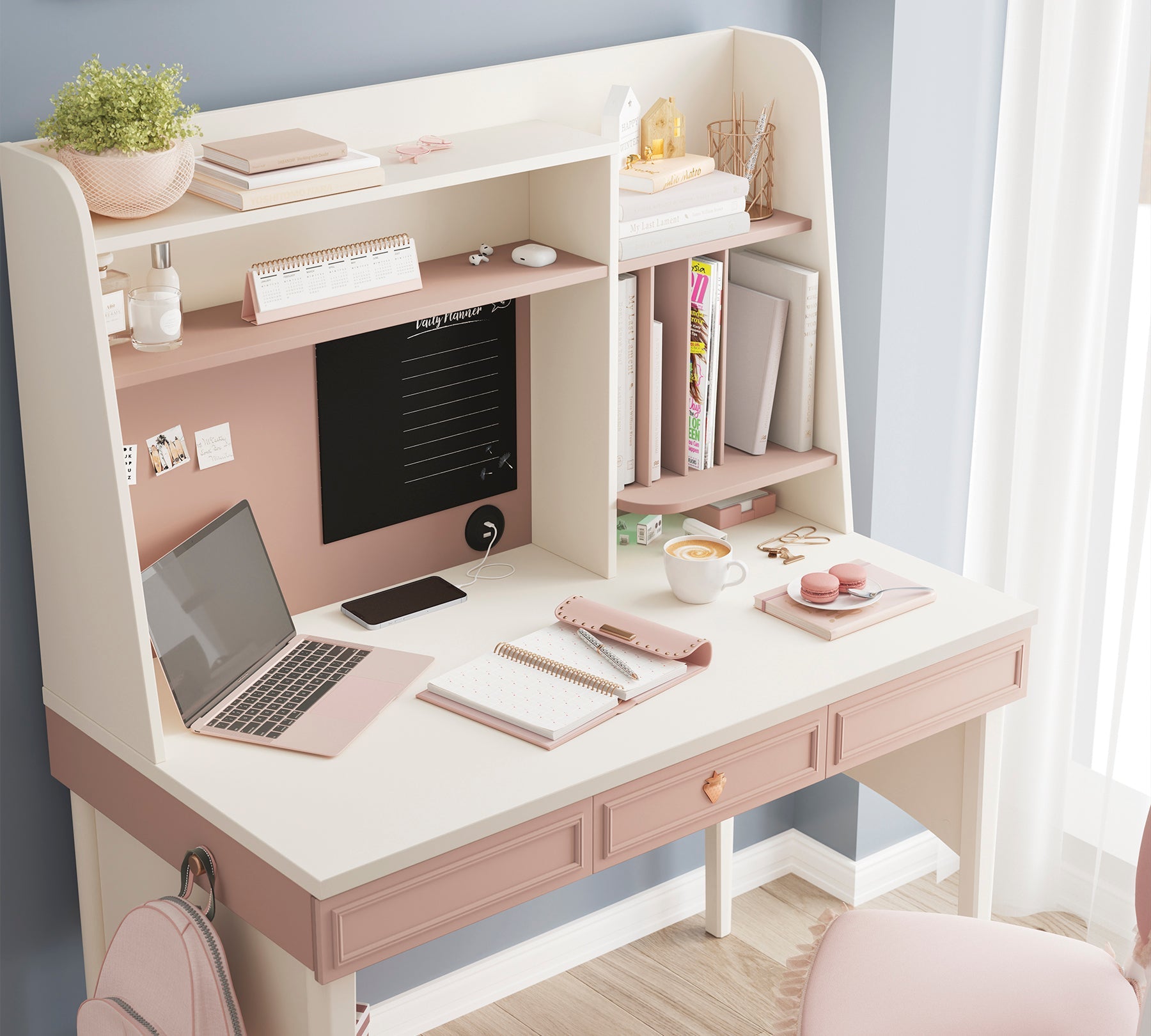 Scrivania Elegance con Unità Alta Rosa Cipria e Crema - Lavagna e Porta USB per Bambine e Ragazze