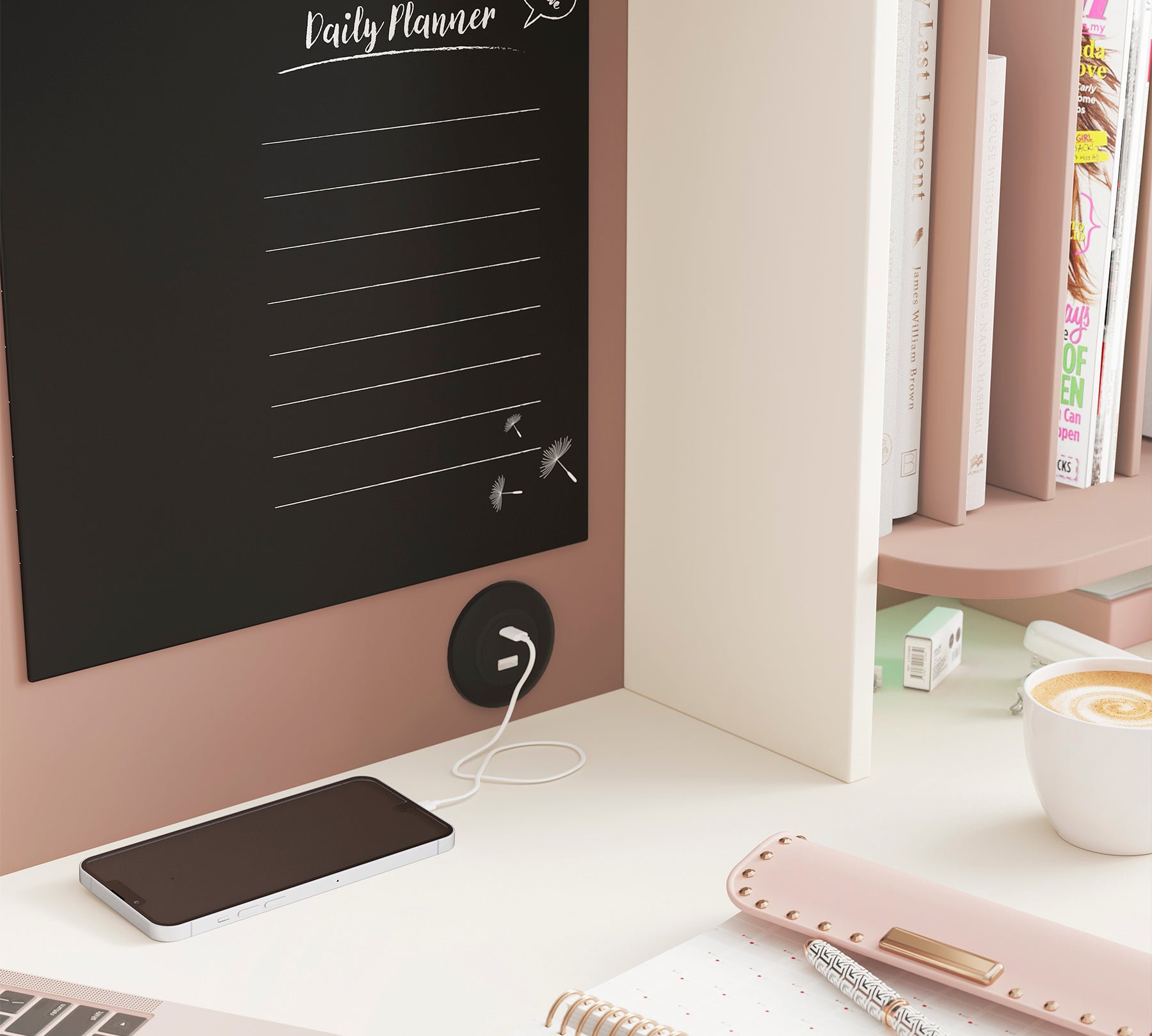 Scrivania Elegance con Unità Alta Rosa Cipria e Crema - Lavagna e Porta USB per Bambine e Ragazze