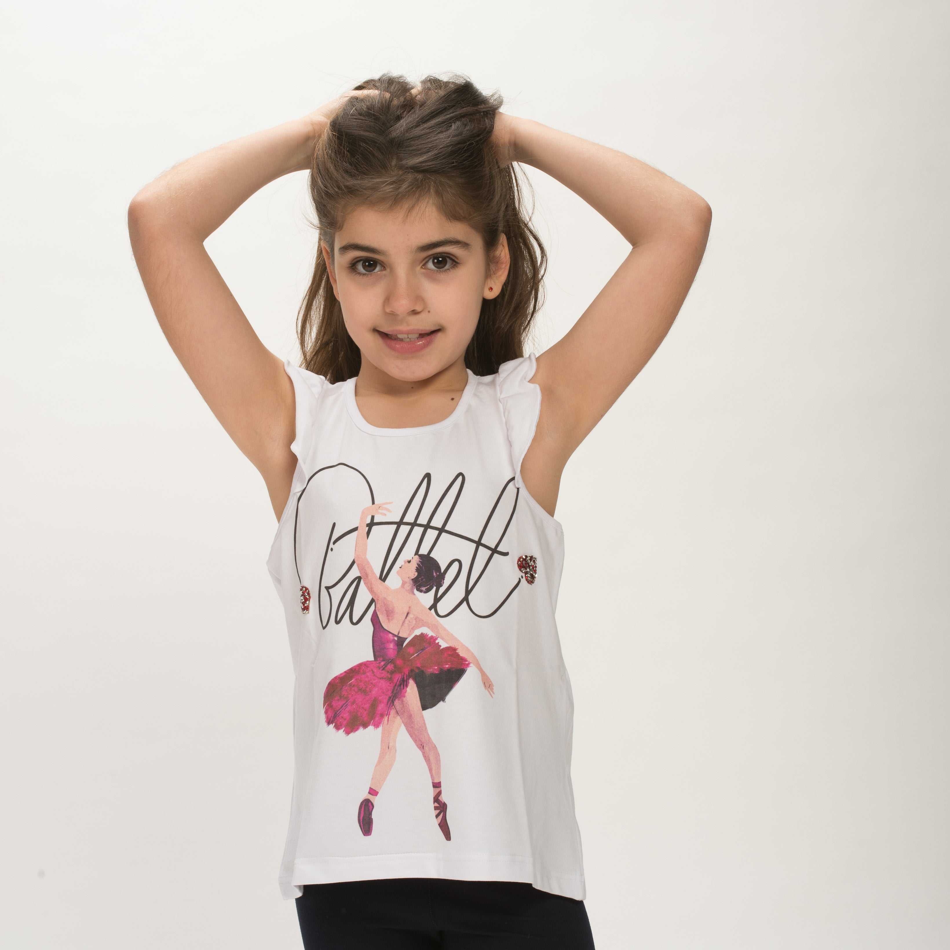 3297/A/BAL CANOTTA ARRICCIATA CON CUORICINI GLITTER STAMPA DIGITALE BALLERINA  IN BIELASTICO TAGLIE:3-4-5-6-8-10