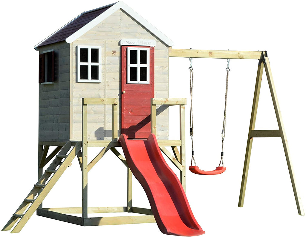 Casetta in Legno per Bambini M24 con Altalena e Scivolo - My Lodge Red