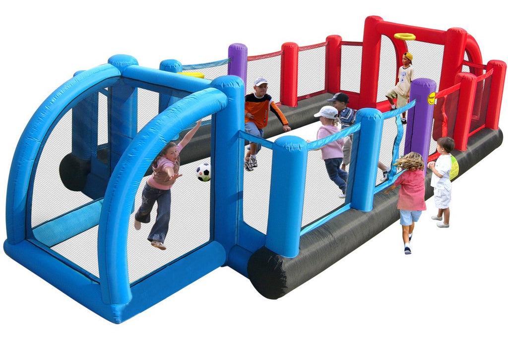 9072 Campo di Calcio Gonfiabile, 800 x 330 x 180 cm
Un vero campetto da calcio, pallavolo e basket con reti di protezione, porte, una rete volley, canestri e due entrate laterali. Ottimo per due squadre da 5 bambini (10 in totale