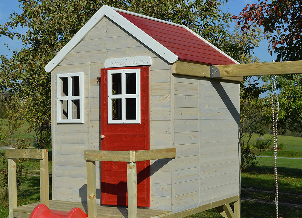Casetta in Legno per Bambini M24 con Altalena e Scivolo - My Lodge Red