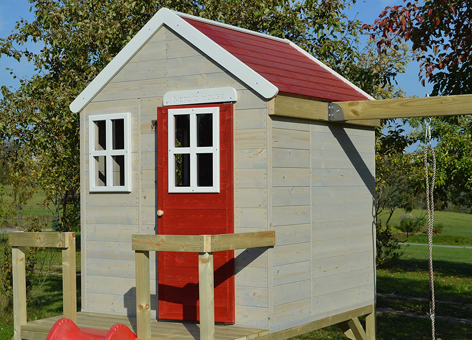Casetta in Legno per Bambini M24 con Altalena e Scivolo - My Lodge Red