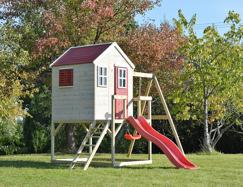 Casetta in Legno per Bambini M24 con Altalena e Scivolo - My Lodge Red