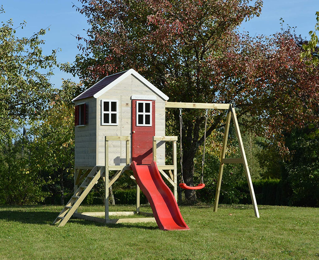 Casetta in Legno per Bambini M24 con Altalena e Scivolo - My Lodge Red