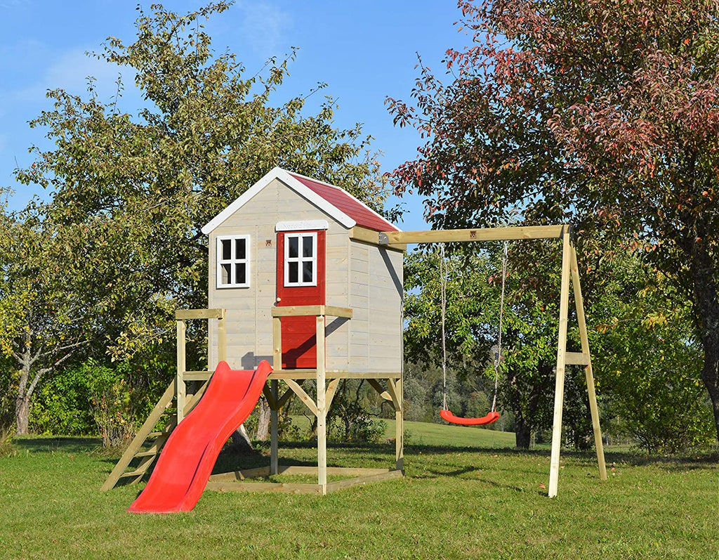 Casetta in Legno per Bambini M24 con Altalena e Scivolo - My Lodge Red