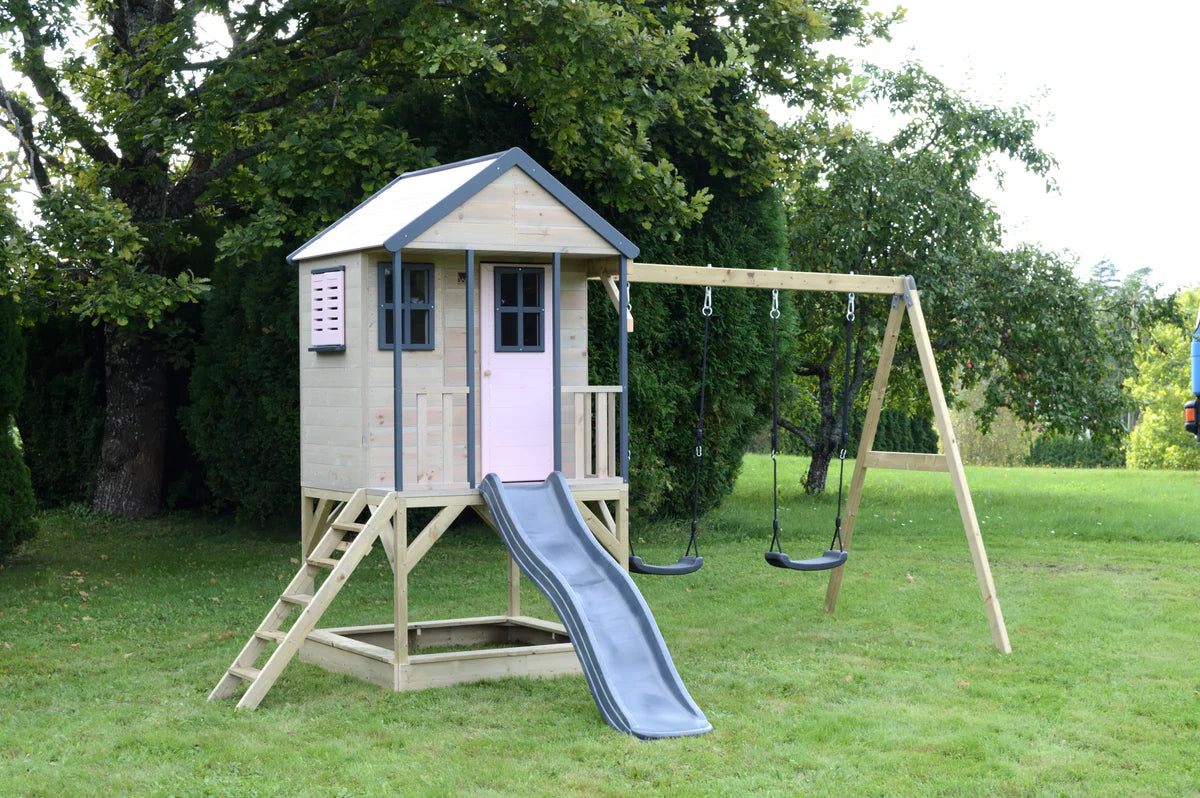 Casetta in Legno M60 Adventure Cottage con Piattaforma, Scivolo e Altalena Doppia