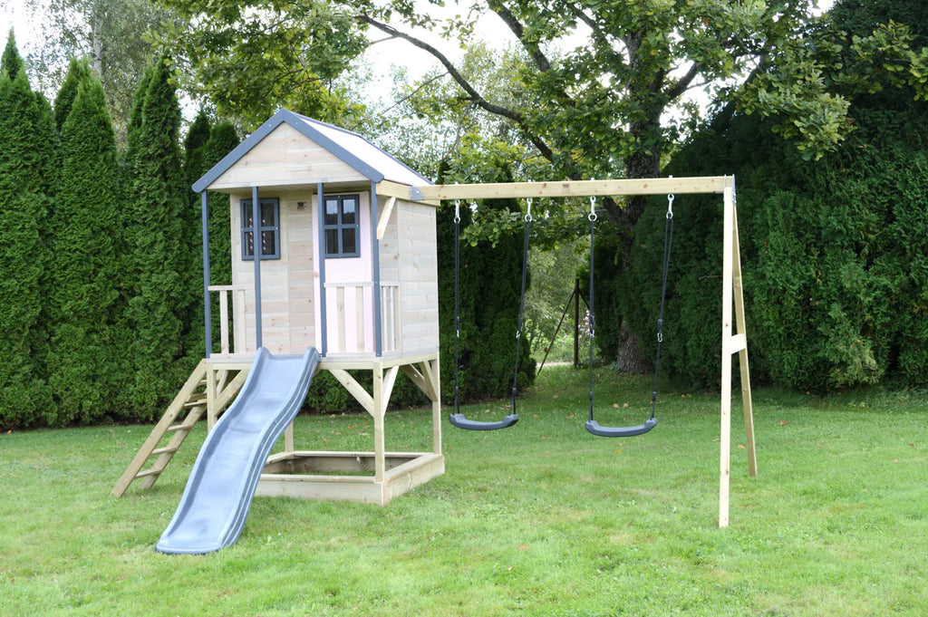 Casetta in Legno M60 Adventure Cottage con Piattaforma, Scivolo e Altalena Doppia