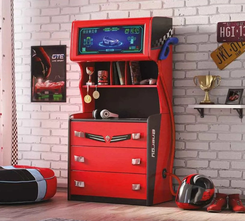 Comò con Libreria a Forma di Pompa di Benzina – Design Originale per Camerette a Tema Motori