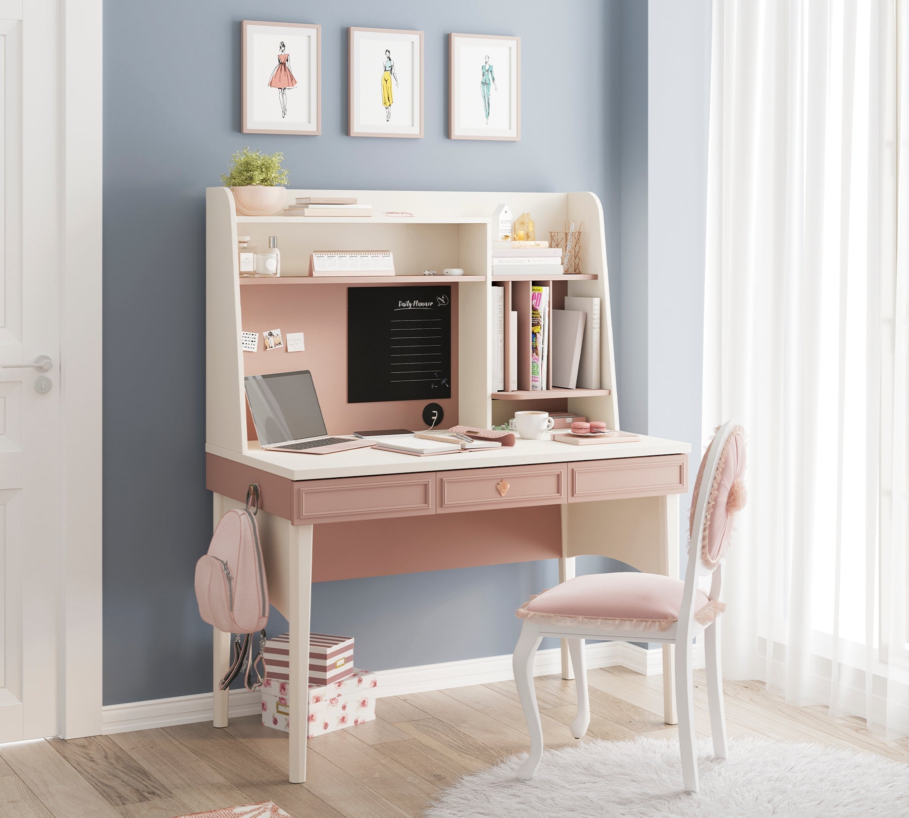 Scrivania Elegance con Unità Alta Rosa Cipria e Crema - Lavagna e Porta USB per Bambine e Ragazze