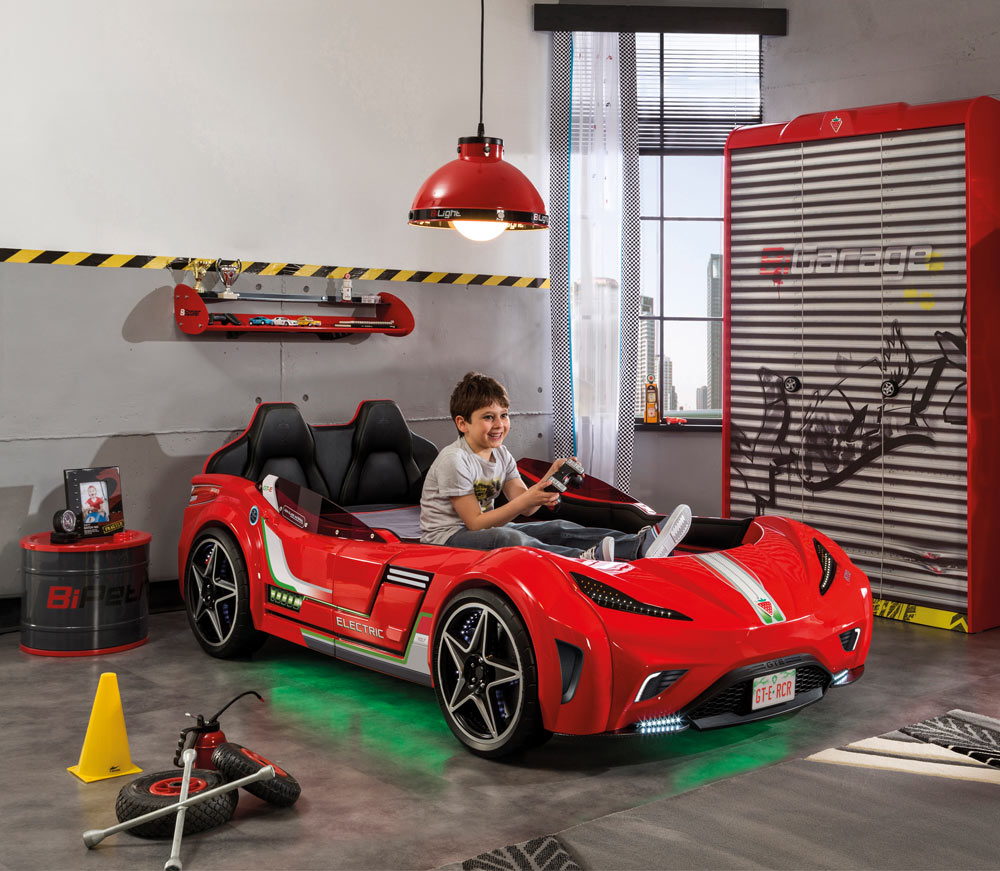 Letto a forma di Auto Sportiva
con luci a led ed effetti sonori con materasso