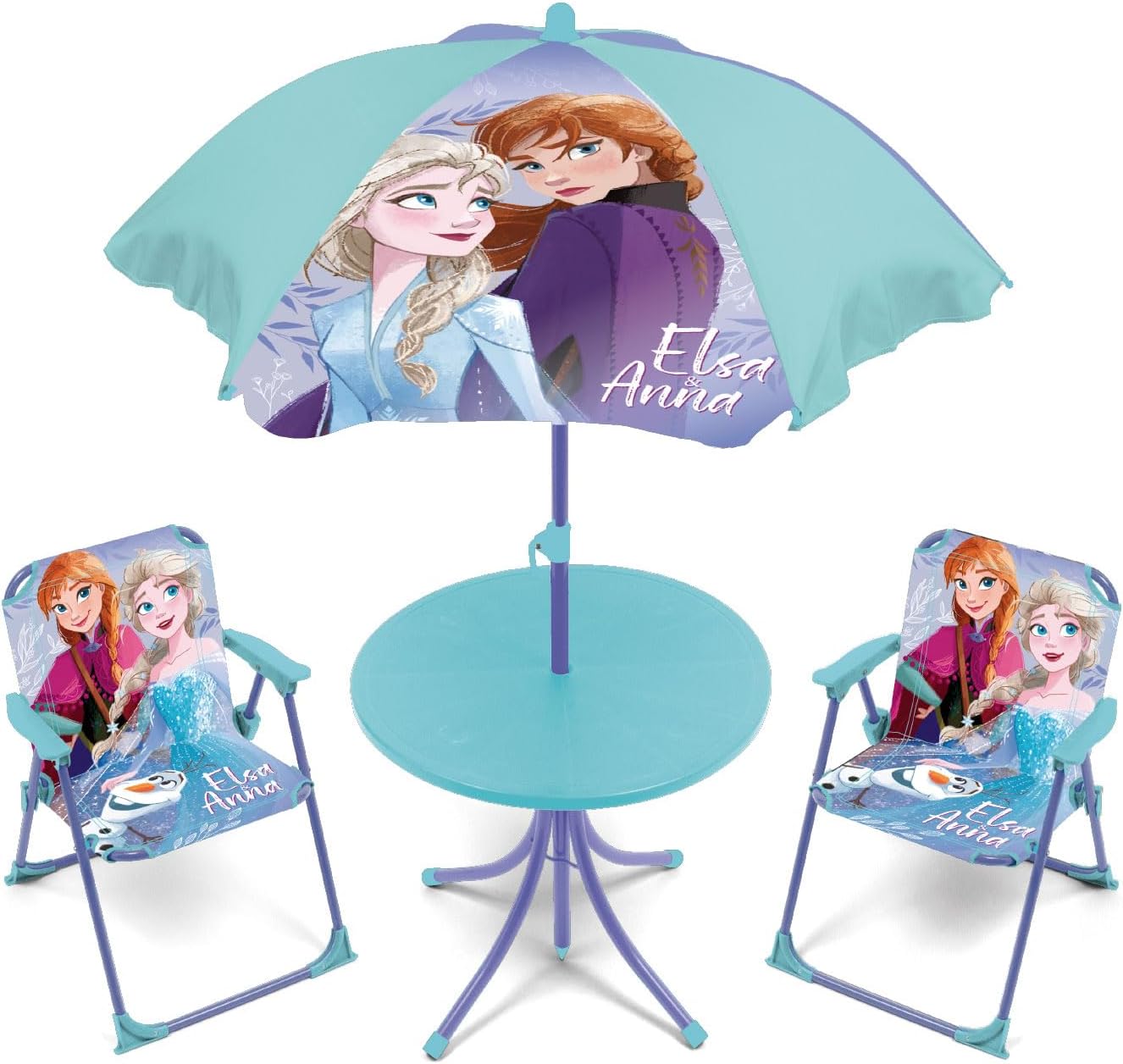 FROZEN CAMPING SET 4 PEZZI ,TAVOLO CON OMBRELLONE E SEDIE PIEGHEVOLI