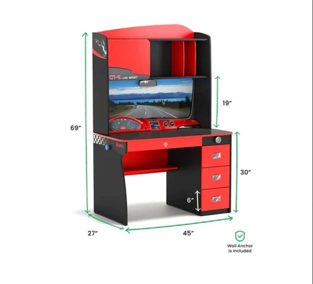 Scrivania GTE con Cassettiera e Simulazione di Cruscotto – Design Sportivo per Piccoli Piloti