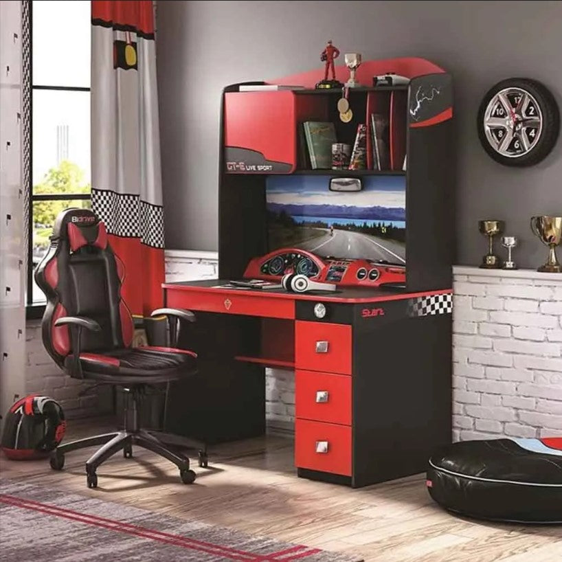 Scrivania GTE con Cassettiera e Simulazione di Cruscotto – Design Sportivo per Piccoli Piloti