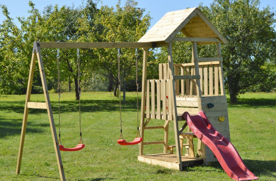 J10 | Torre da gioco con doppia altalena, sabbiera, tavolo da picnic e scivolo rosso | 2 Level Plat van- 90 e 120 cm e altalena 2 posti | Torre da gioco da esterno