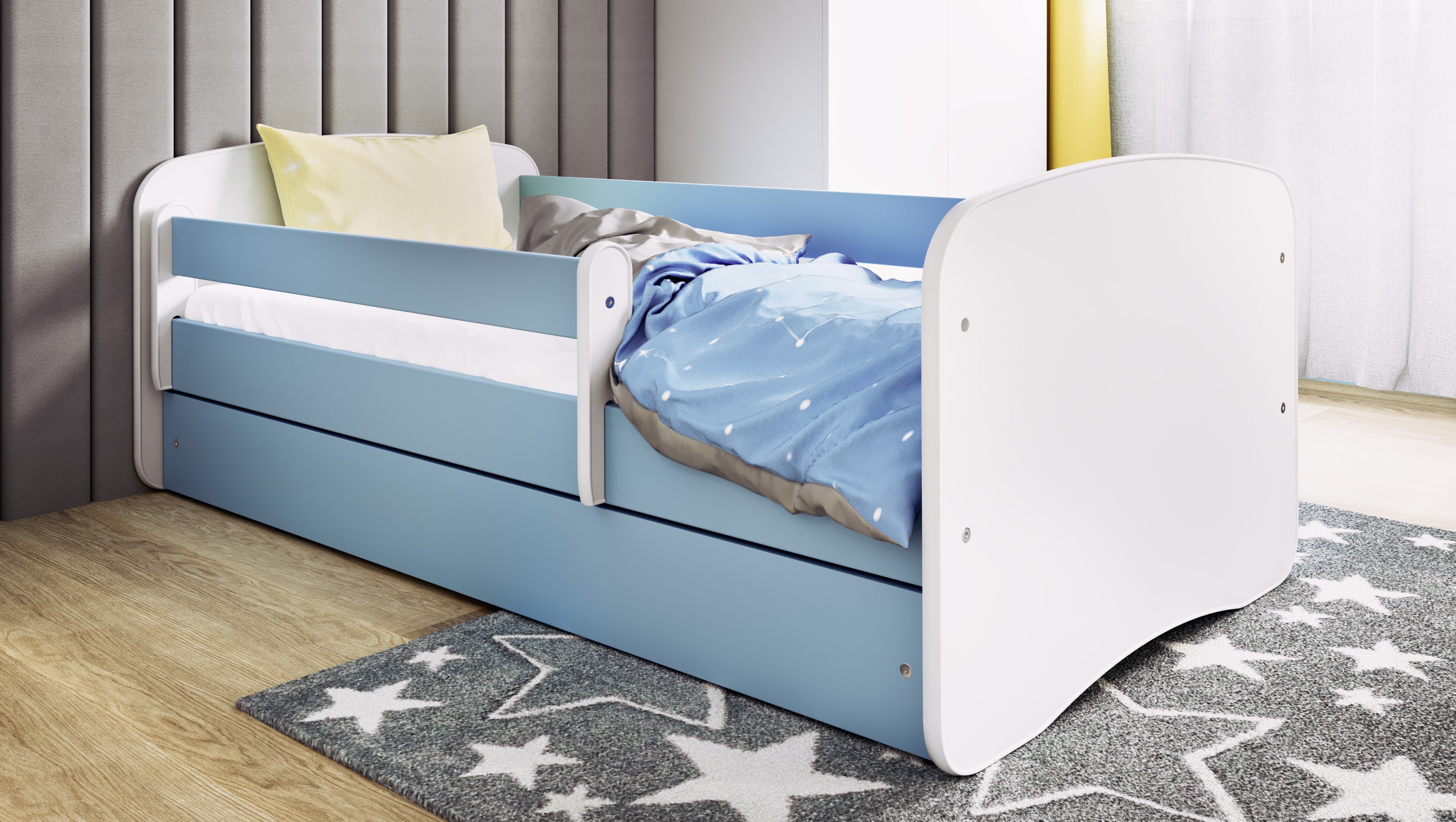 KO11 Letto bambino in legno con cassettone, sponda staccabile e materasso omaggio