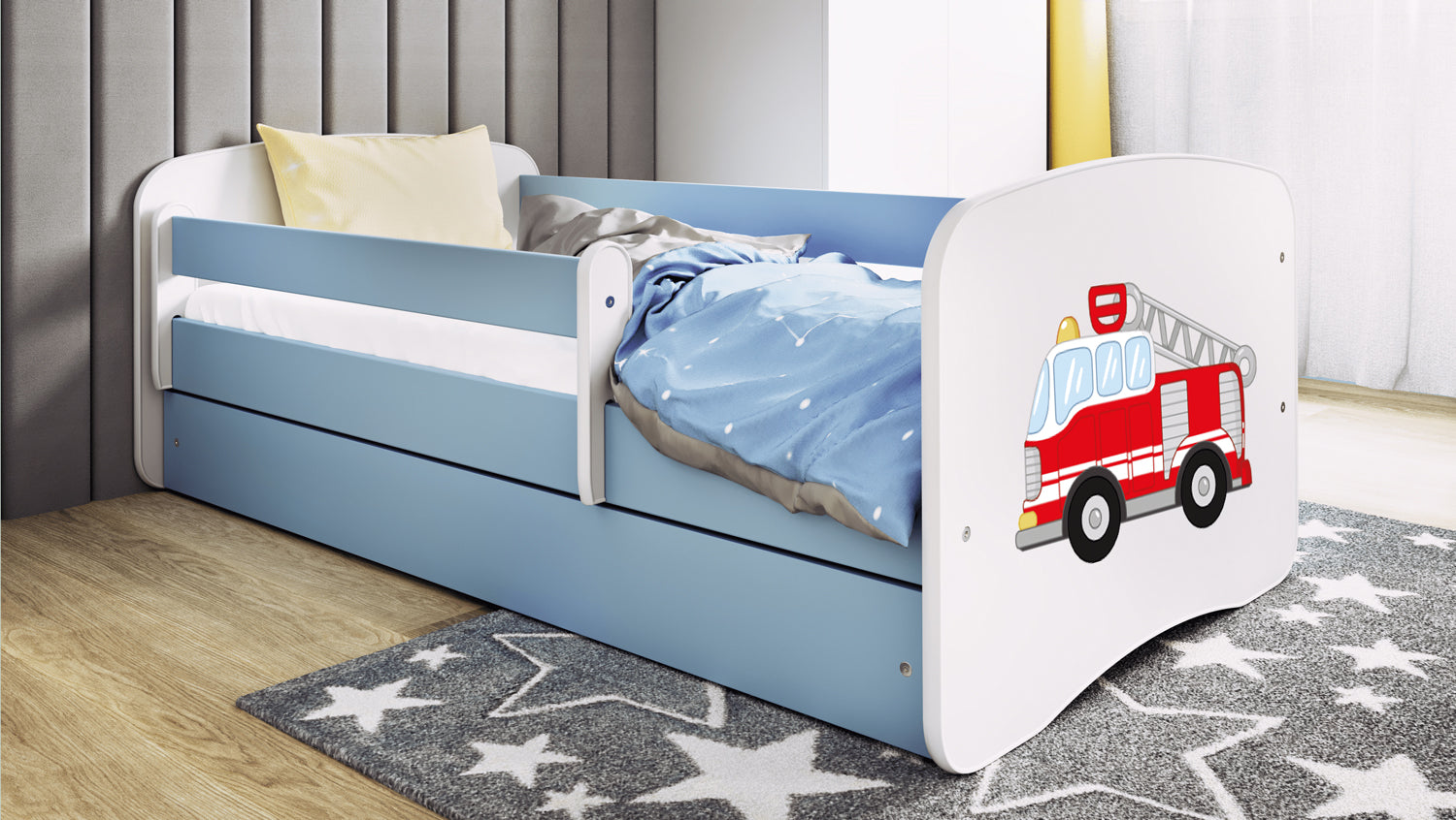 KO1 Letto bambino pompiere in legno con cassettone materasso incluso