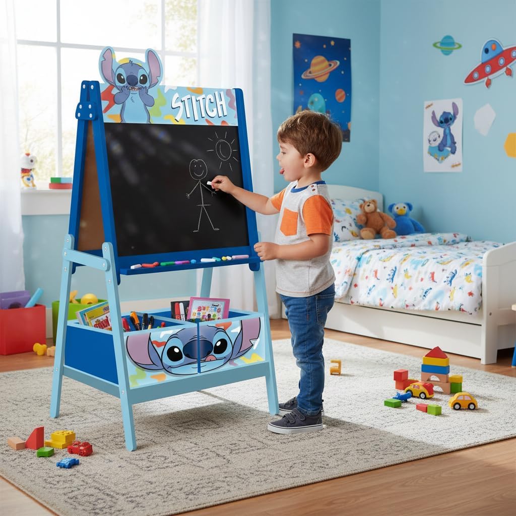 Lavagna per bambini di Disney Stitch con doppia superficie per gessetti e pennarelli e 2 contenitori in tessuto