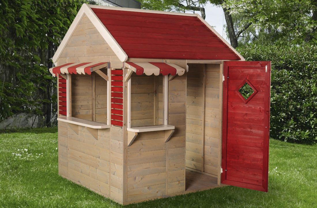 M16 Beach Shop | Casetta Bambini Giardino di Legno con Finestre, Porta Piena, Persiane, Tende da Sole