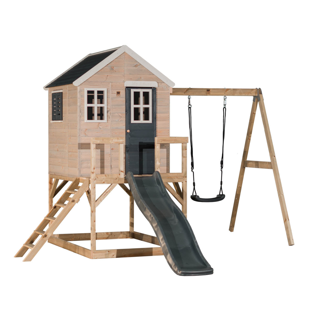 Casetta in Legno per Bambini M24G con Altalena e Scivolo - My Lodge Grigia 290x350cm