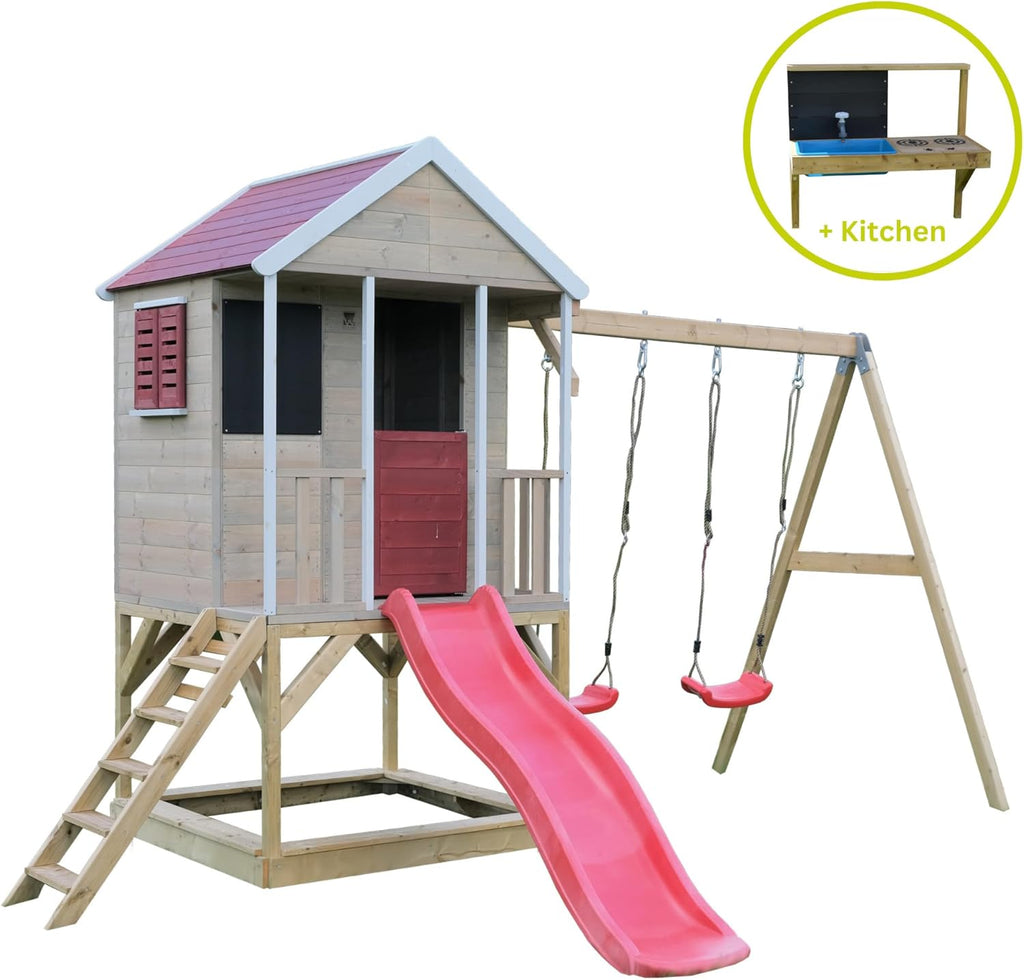 Casetta da Gioco in Legno M29R con Scivolo, Altalene e Cucina - Parco Giochi Bambini 3-10 Anni