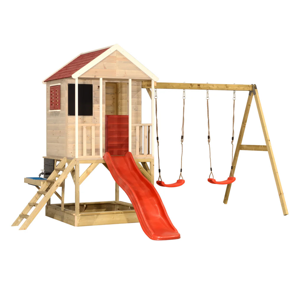 Casetta da Gioco in Legno M29R con Scivolo, Altalene e Cucina - Parco Giochi Bambini 3-10 Anni