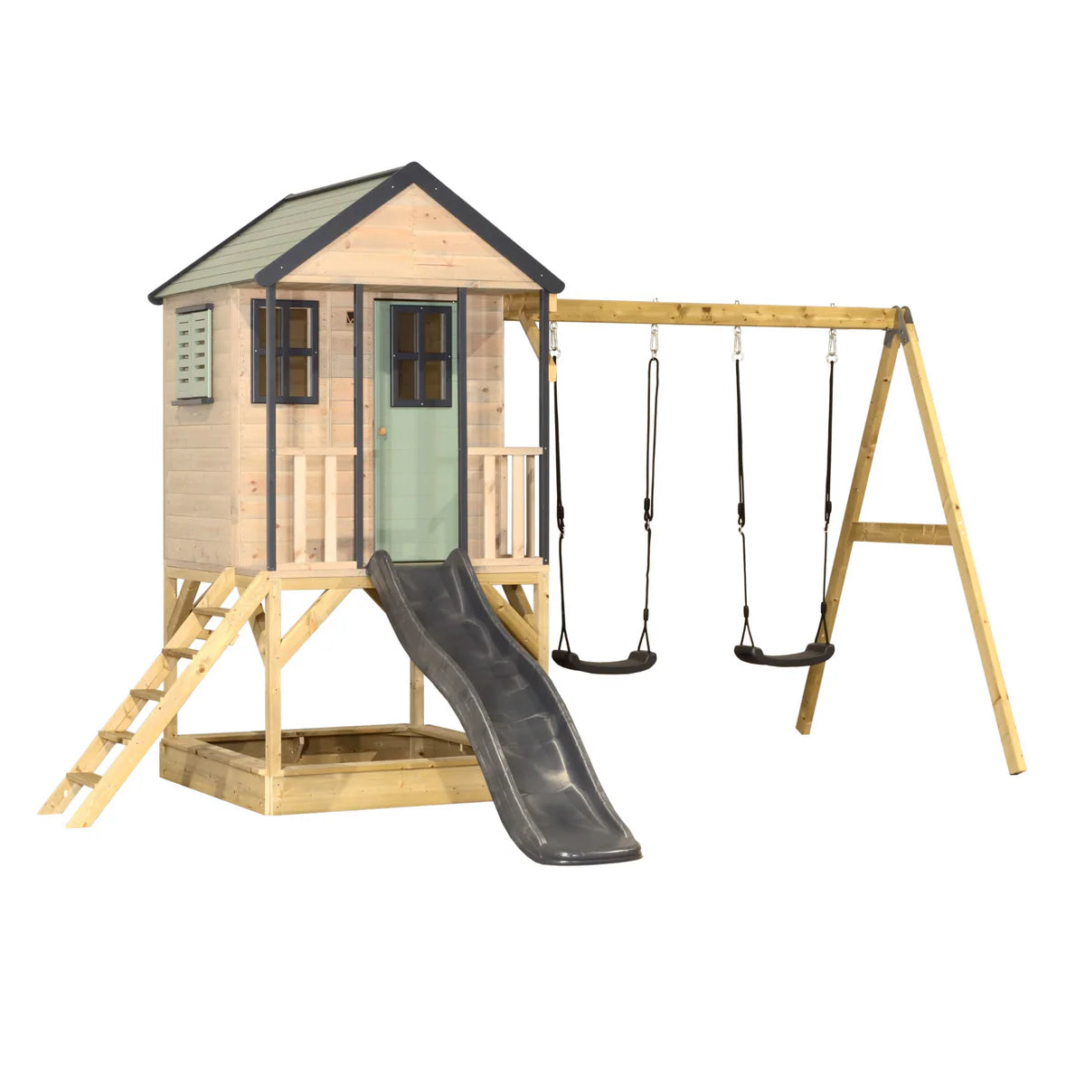 Casetta in Legno M60 Adventure Cottage con Piattaforma, Scivolo e Altalena Doppia