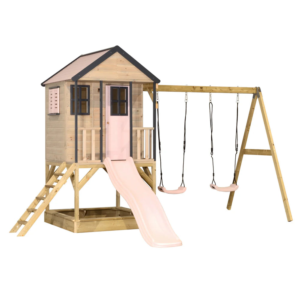 Casetta in Legno M60 Adventure Cottage con Piattaforma, Scivolo e Altalena Doppia
