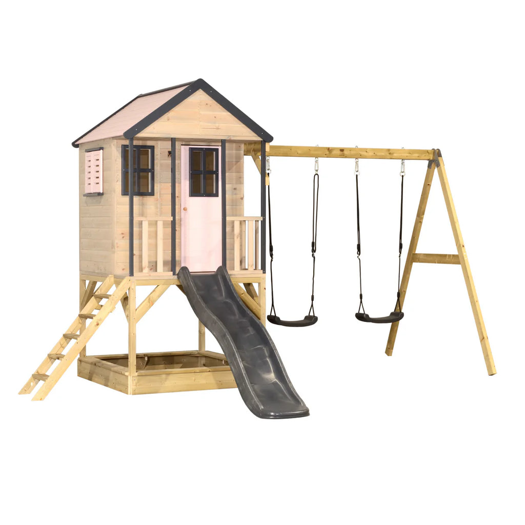 Casetta in Legno M60 Adventure Cottage con Piattaforma, Scivolo e Altalena Doppia