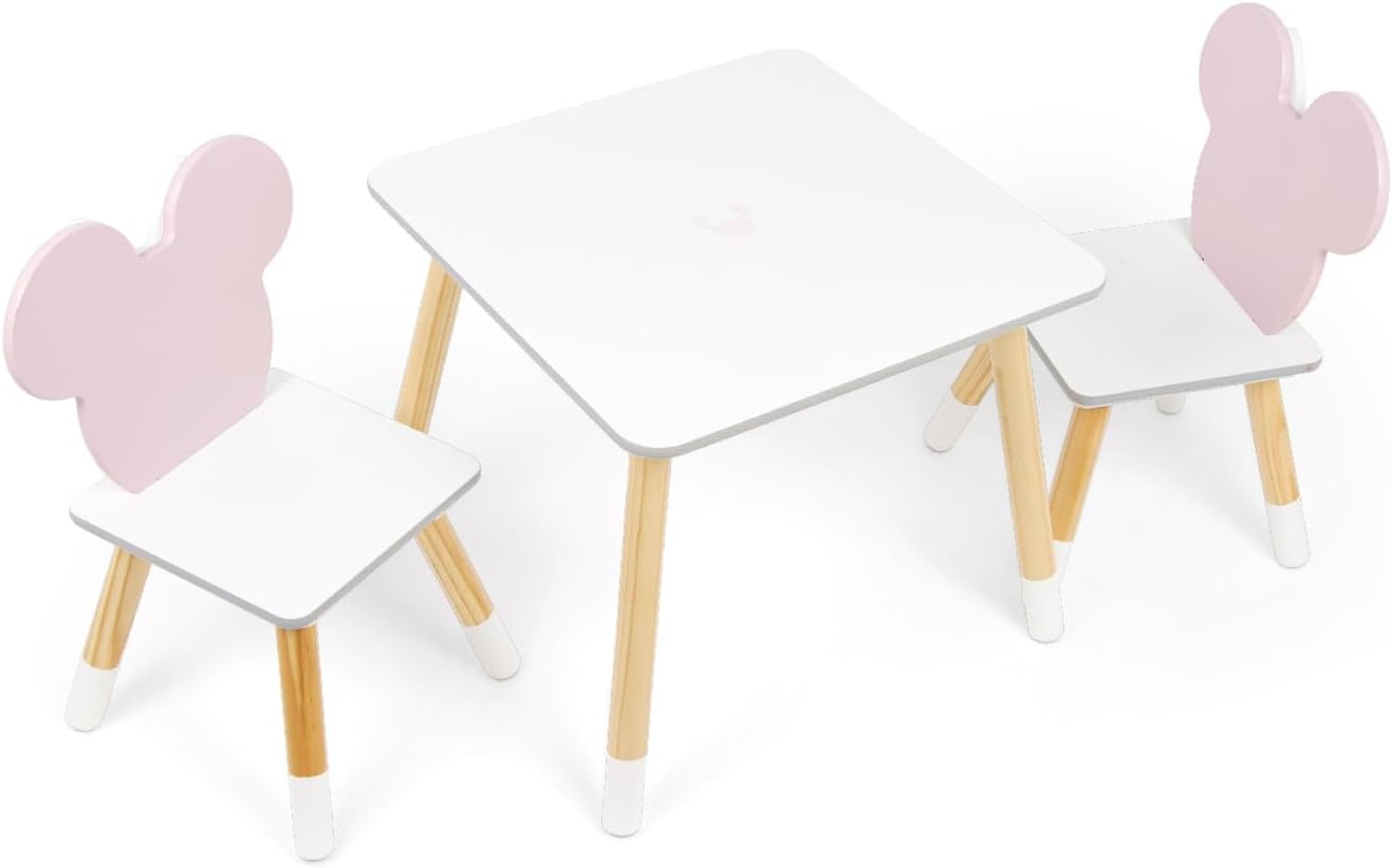 Set Tavolo e 2 Sedie Minnie Mouse Legno Bianco Rosa Orecchie MN16730