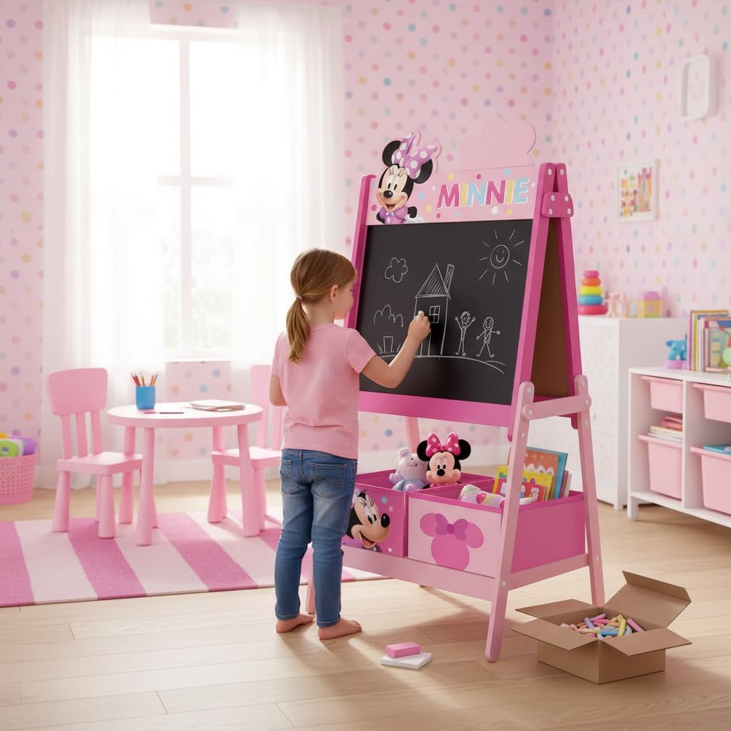 Lavagna per bambini di Disney Minniecon doppia superficie per gessetti e pennarelli e 2 contenitori in tessuto