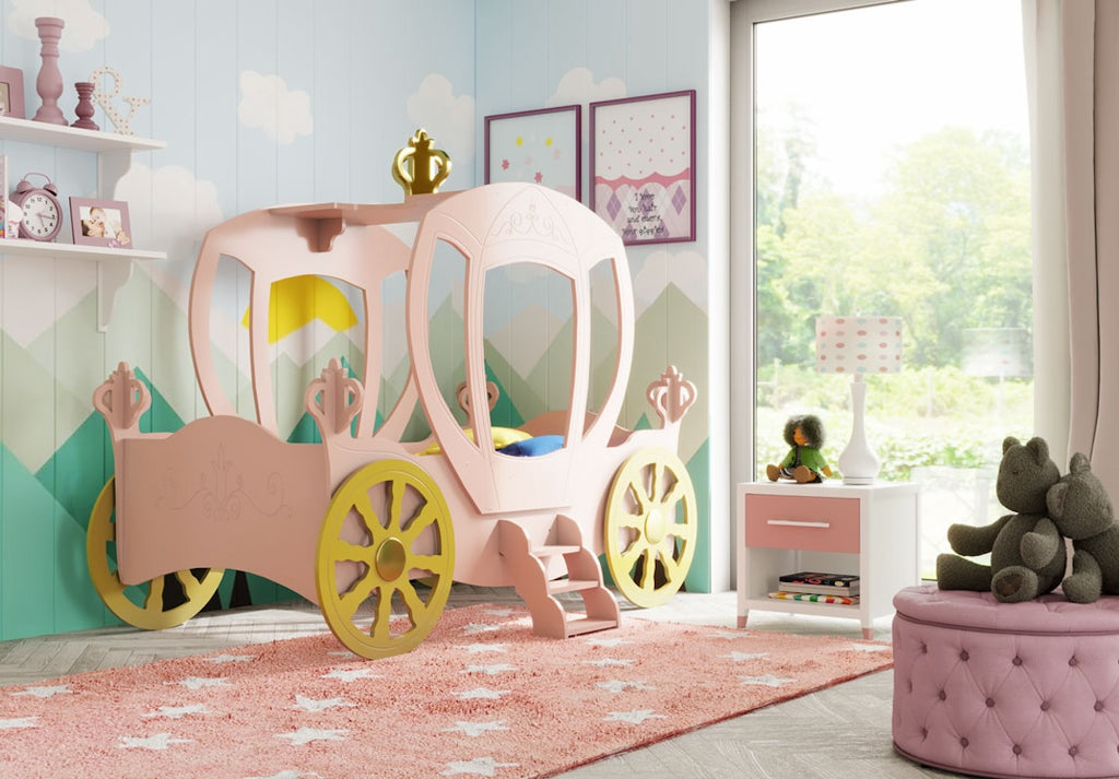 Letto Principesse Disney a Forma di Carrozza con Baldacchino Luminoso - 140x70 cm - PRINCARR