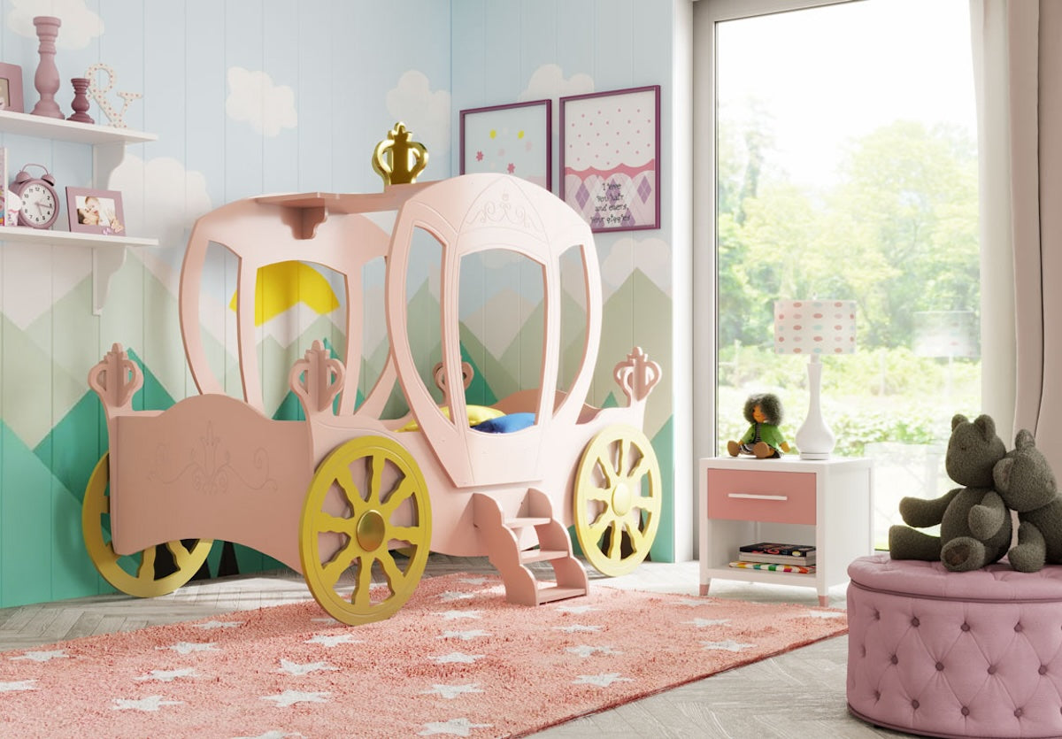 Letto Principesse Disney a Forma di Carrozza con Baldacchino Luminoso - 140x70 cm - PRINCARR