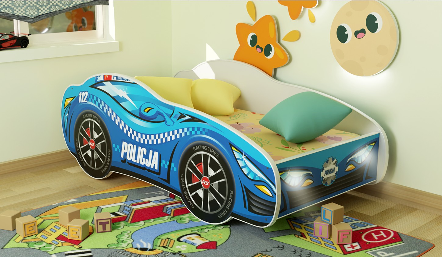 TP1LED Letto 160x80 a forma di macchina della polizia con doghe in legno e materassino incluso con luci led e interruttore per illuminazione notturna