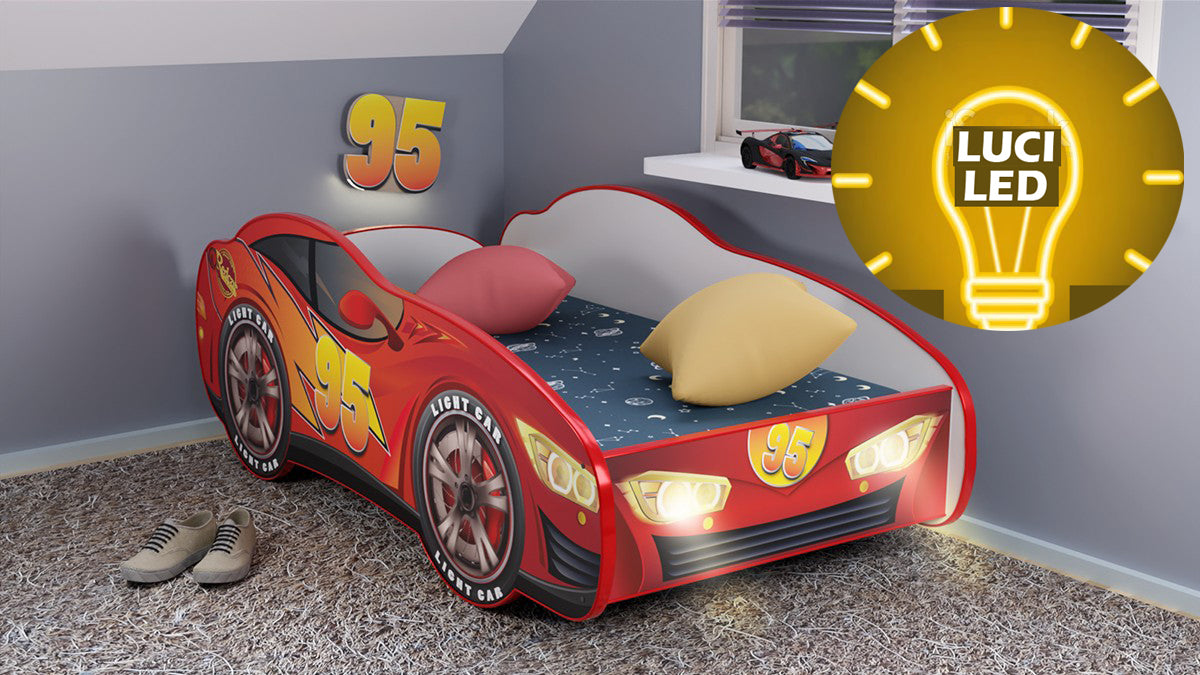TPC95180LED Letto 180x80 a forma di macchina Cars con doghe in legno e materassino incluso con luci led