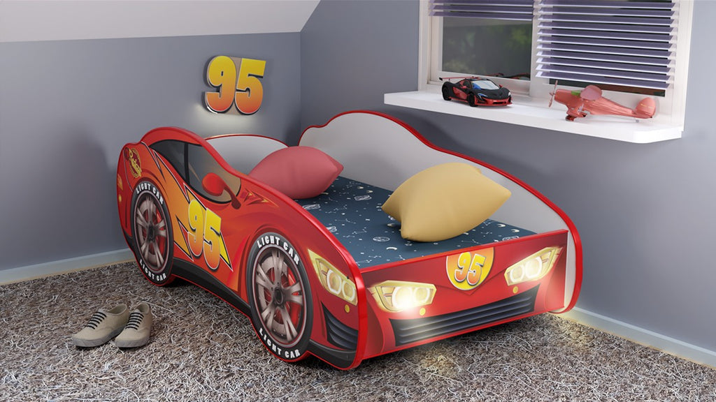 TPC95LED Letto 160x80 a forma di macchina car95 con doghe in legno e materassino incluso con luci led e interruttore per  illuminazione notturna