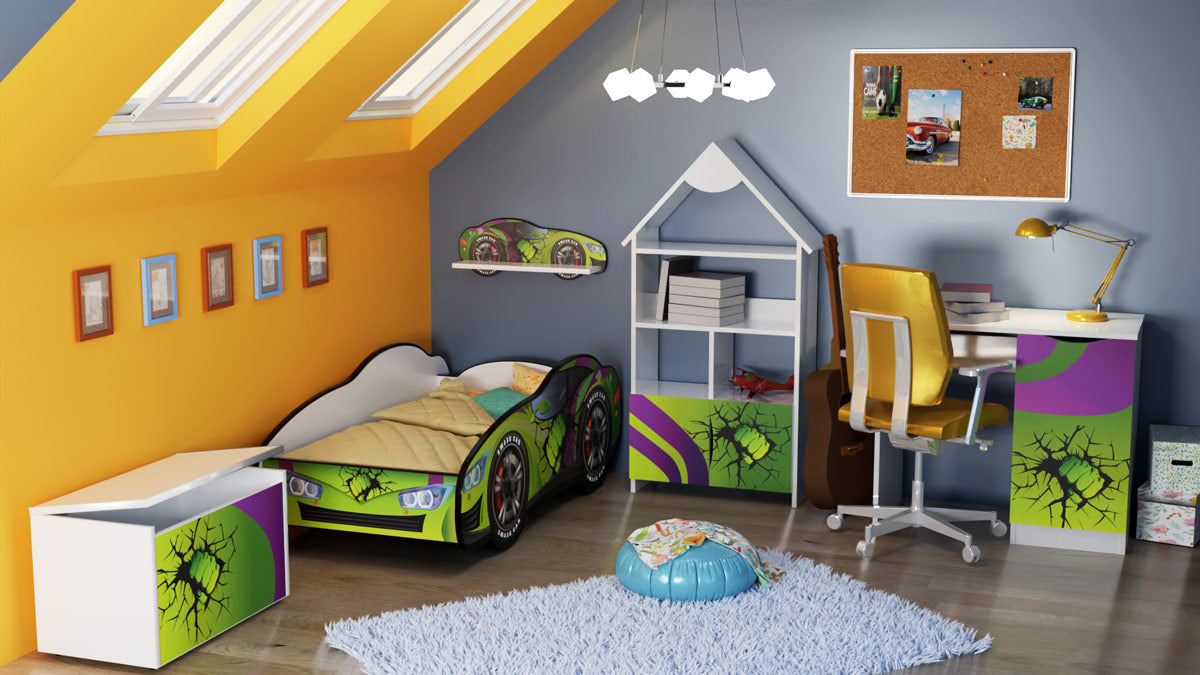 TPCAMHUL Cameretta completa Hulk hero super eroi composta da 5 articoli
? Letto 160x80cm con luci led e materassino omaggio
? Baule portagiochi toybox con rotelle 71x46x40 cm
? Mobiletto libreria a forma di casetta con 2 cassetti 139 x 63 cm circa
? Mens