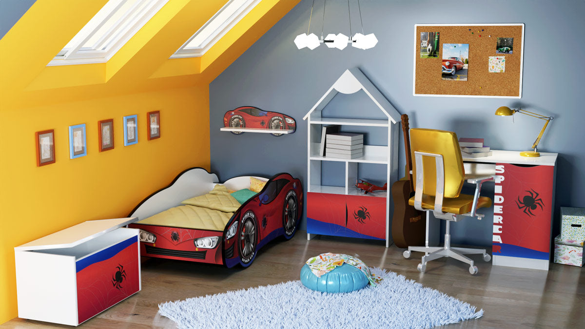 TPCAMSPID Cameretta completa spider hero composta da 5 articoli
? Letto 160x80cm con luci led e materassino omaggio
? Baule portagiochi toybox con rotelle 71x46x40 cm
? Mobiletto libreria a forma di casetta con 2 cassetti 139 x 63 cm circa
? Mensola 66x1