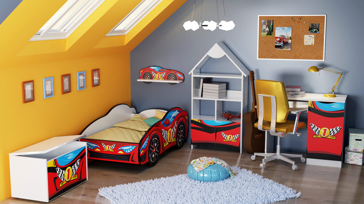 TPCAMTOPCAR Cameretta completa Macchina da corsa composta da 5 articoli
? Letto 160x80cm con luci led e materassino omaggio
? Baule portagiochi toybox con rotelle 71x46x40 cm
? Mobiletto libreria a forma di casetta con 2 cassetti 139 x 63 cm circa
? Mens