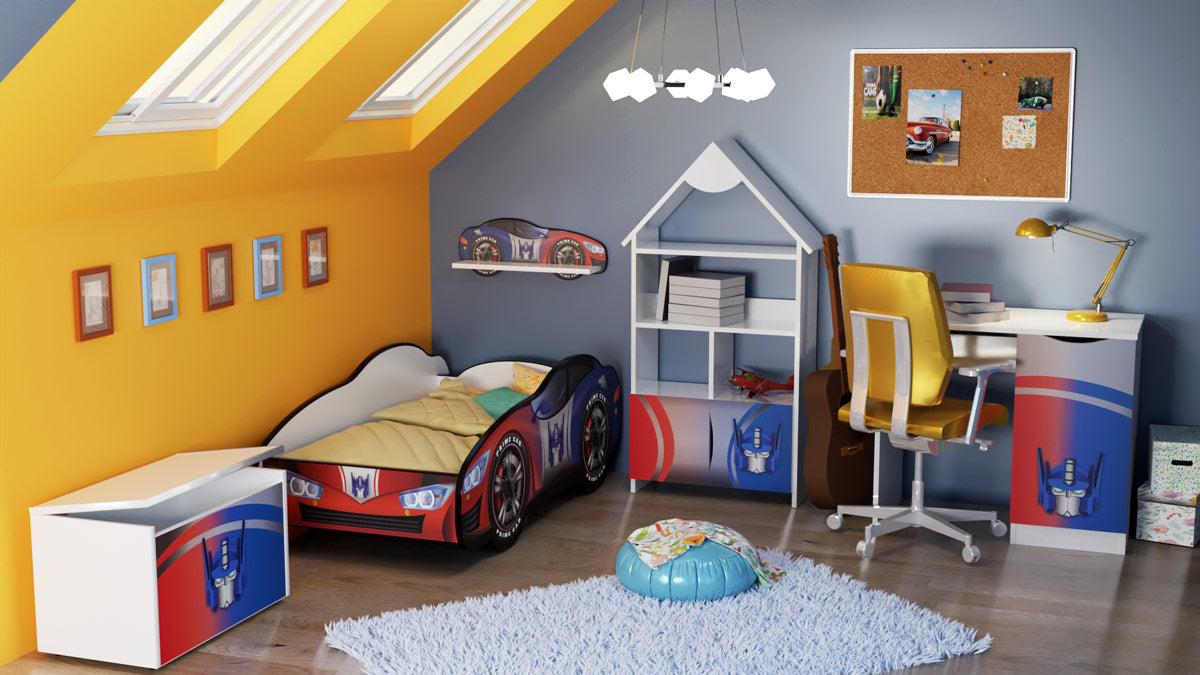 TPCAMTRANSF Cameretta completa Tansformers hero composta da 5 articoli
? Letto 160x80cm con luci led e materassino omaggio
? Baule portagiochi toybox con rotelle 71x46x40 cm
? Mobiletto libreria a forma di casetta con 2 cassetti 139 x 63 cm circa
? Menso