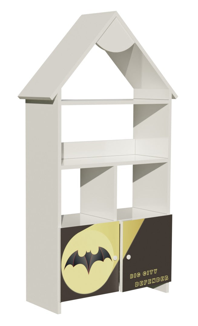 TPCAS2BAT Mobiletto libreria super hero a forma di casetta con scomparti, cubi , mensole e 2 cassetti 139 x 63 cm circa