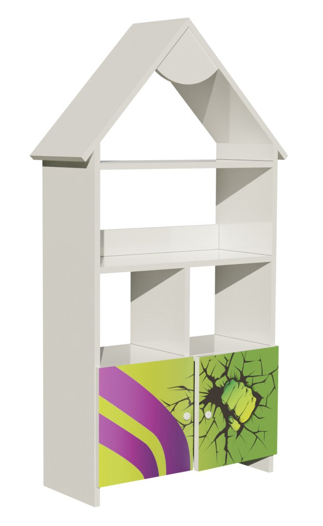 TPCAS2HULK Mobiletto libreria super hero a forma di casetta con scomparti, cubi , mensole e 2 cassetti 139 x 63 cm circa