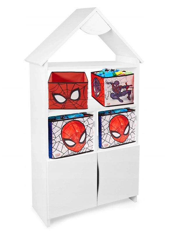 TPCAS2SPIDER Mobiletto libreria a forma di casetta con scomparti, cubi , mensole e 2 cassetti 139 x 63 cm circa con 4 cubi di spiderman in stoffa